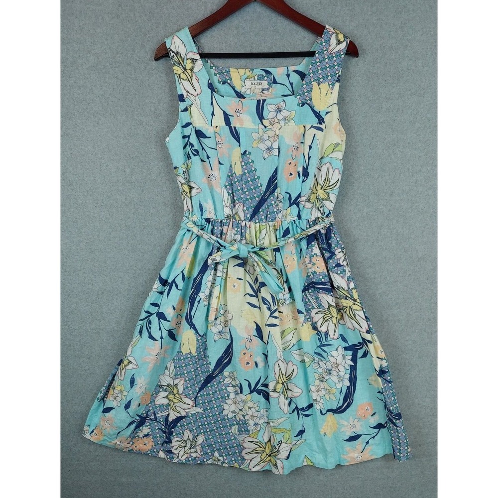 Malvin Women's Sz L I Love Linen Dress Sleeveless Midi Adult‎ Casual Blue Floral